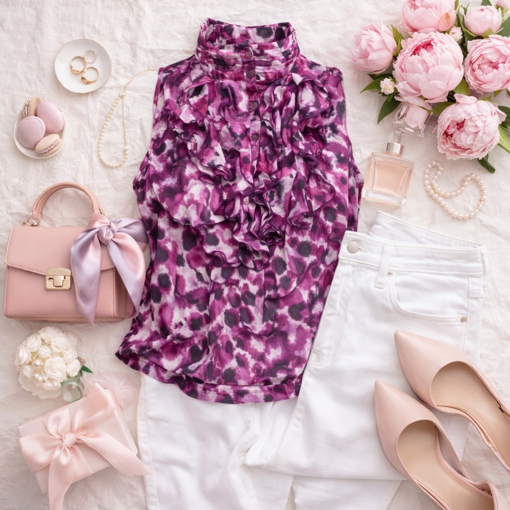 DressBarn 1X Purple Floral Ruffle Mock Neck Sleeveless Blouse Top